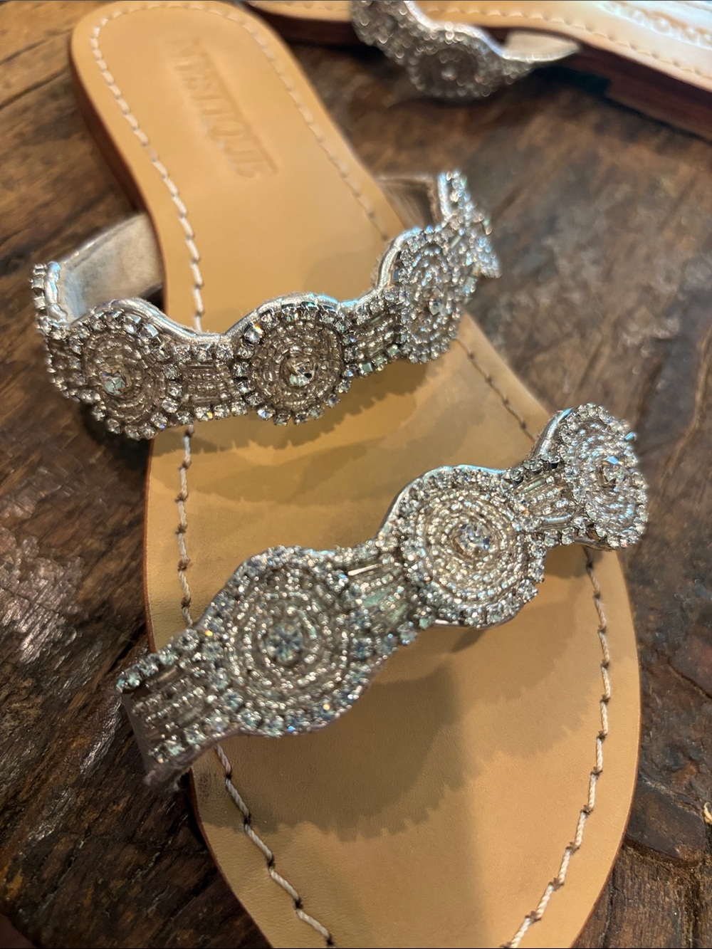 Mystique Boutique Silver Beaded Double-Strap Sandals with Tan Footbed